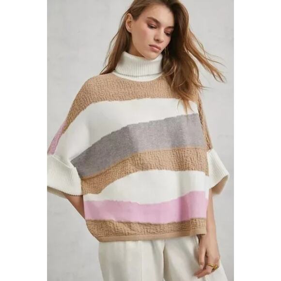 Callahan Anthropologie Women Large Pink Striped Short Sleeve Turtleneck Sweater - Picture 1 of 10